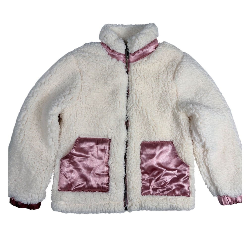 Derek Heart Kids Cream Sherpa Fleece Full Zip Jacket Metallic Pink Trim Size 8